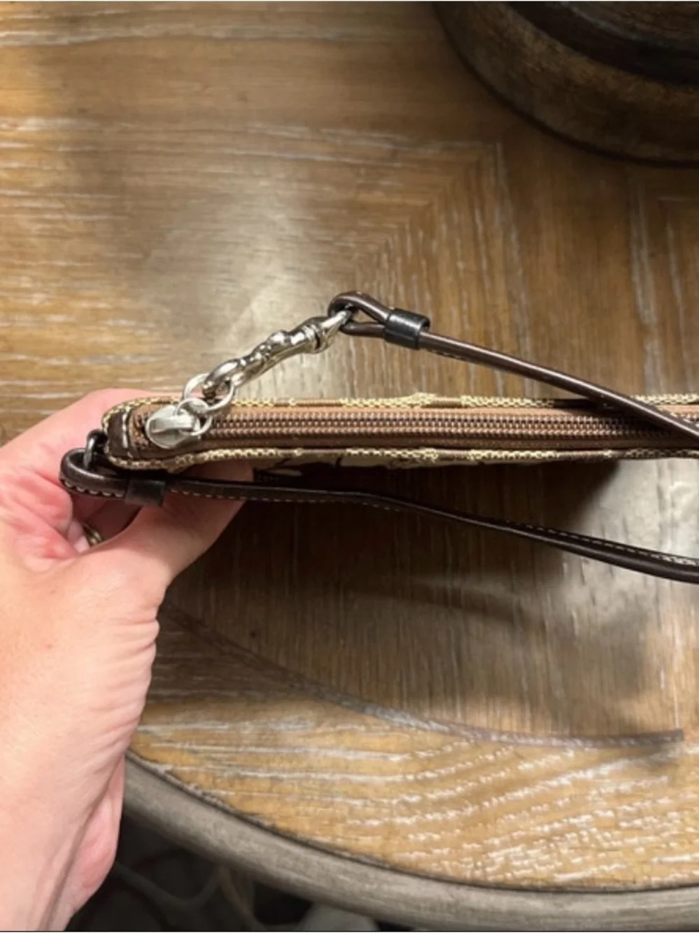Coach Tan and Brown Signature Canvas Wristlet with Leather Trim